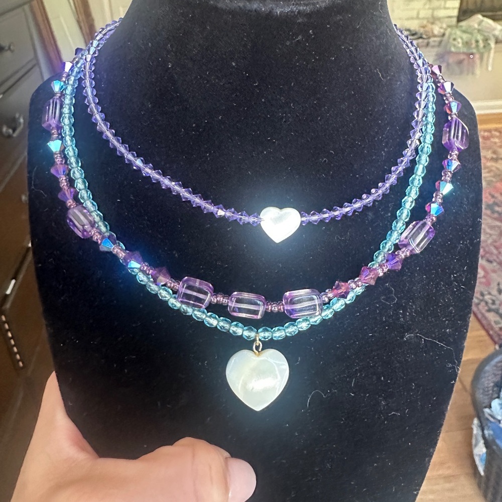 Elegant Purple and Blue Glass Beaded Necklace Set with mother of pearl hearts